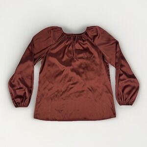 White House Black Market Blouse Top Womens XS Brown Puff Sleeve Keyhole Front‎